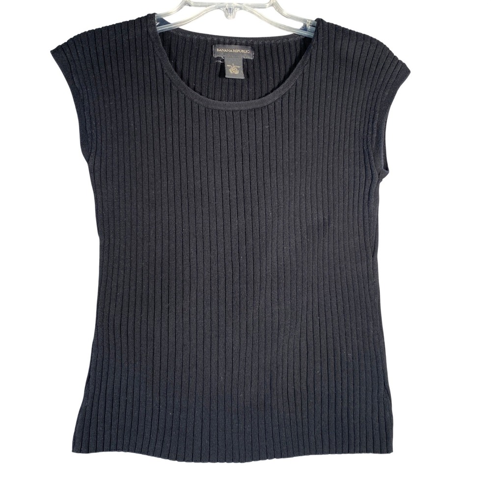 Banana Republic Black Ribbed Knit Cap Sleeve‎ Scoop Neck Top Size L